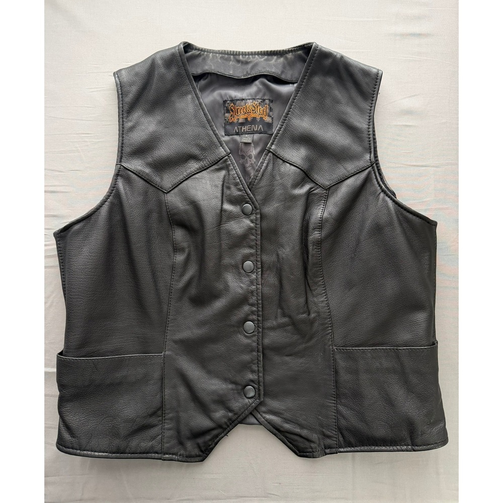 Street & Steel Athena Womens XL Black Leather Motorcycle Biker Vest Skull Lining